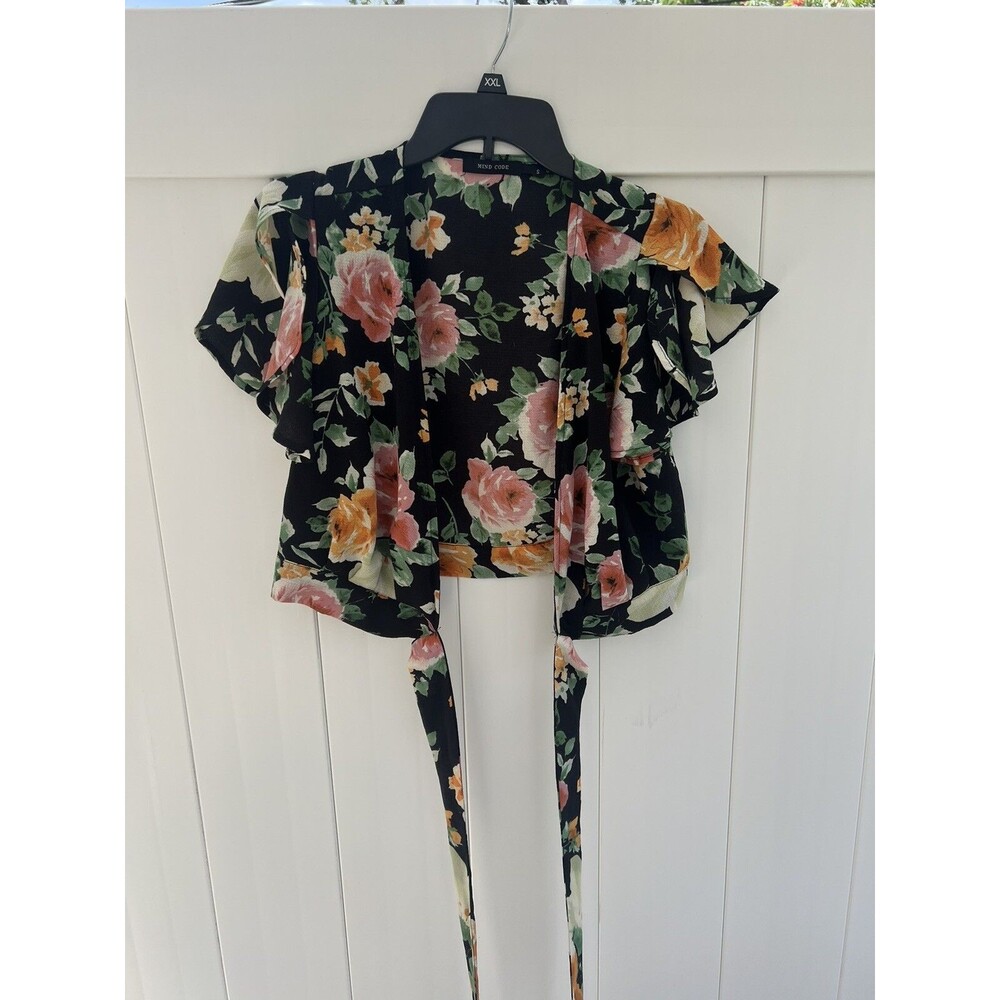 Mind Code Womens Floral Cropped Top Short Sleeve Size Small Tie Front Colorful